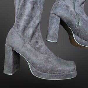 Vintage 90s Y2K Black Chunky Heel Knee High Boots US Size 8 Stretchy Faux Suede